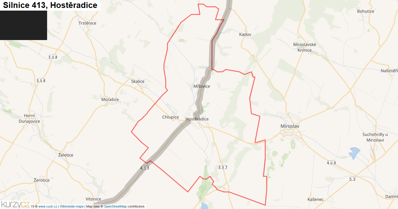 Hostěradice, Silnice 413 - Mapa