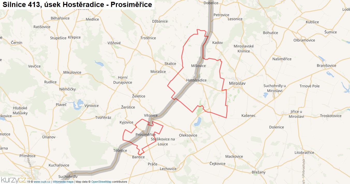 Úsek Hostěradice - Prosiměřice, Silnice 413 - Mapa