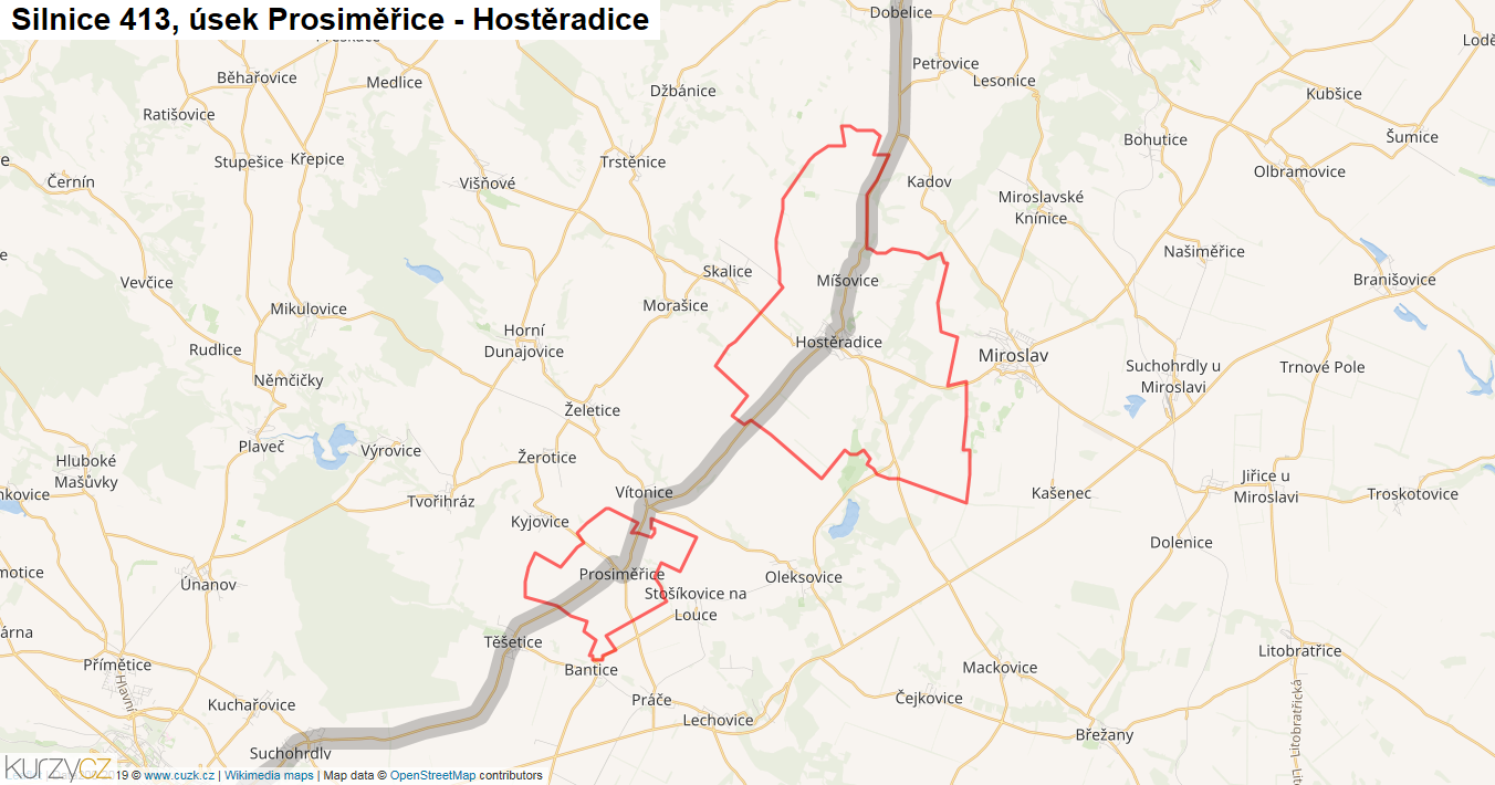 Úsek Prosiměřice - Hostěradice, Silnice 413 - Mapa