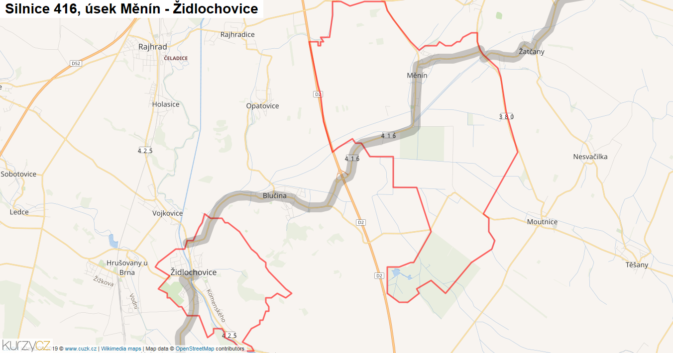 Úsek Měnín - Židlochovice, Silnice 416 - Mapa