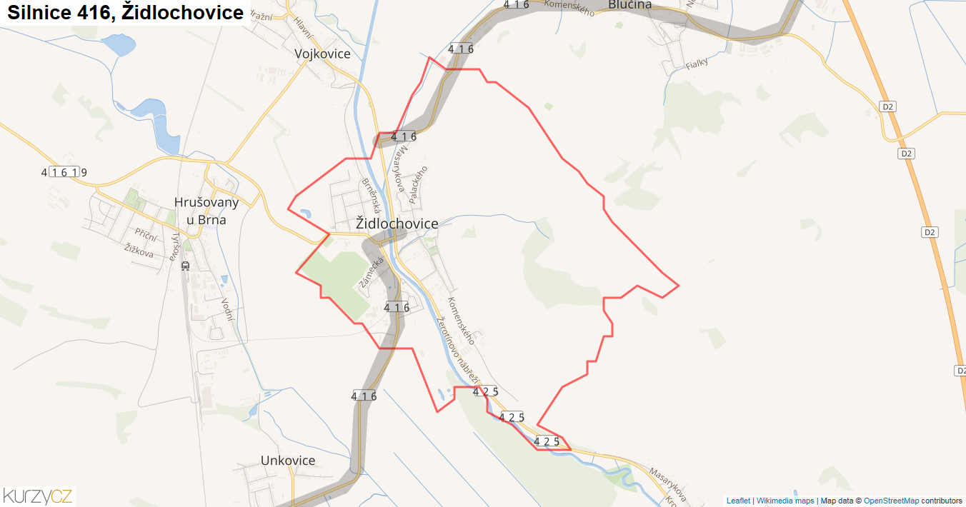 Židlochovice, Silnice 416 - Mapa