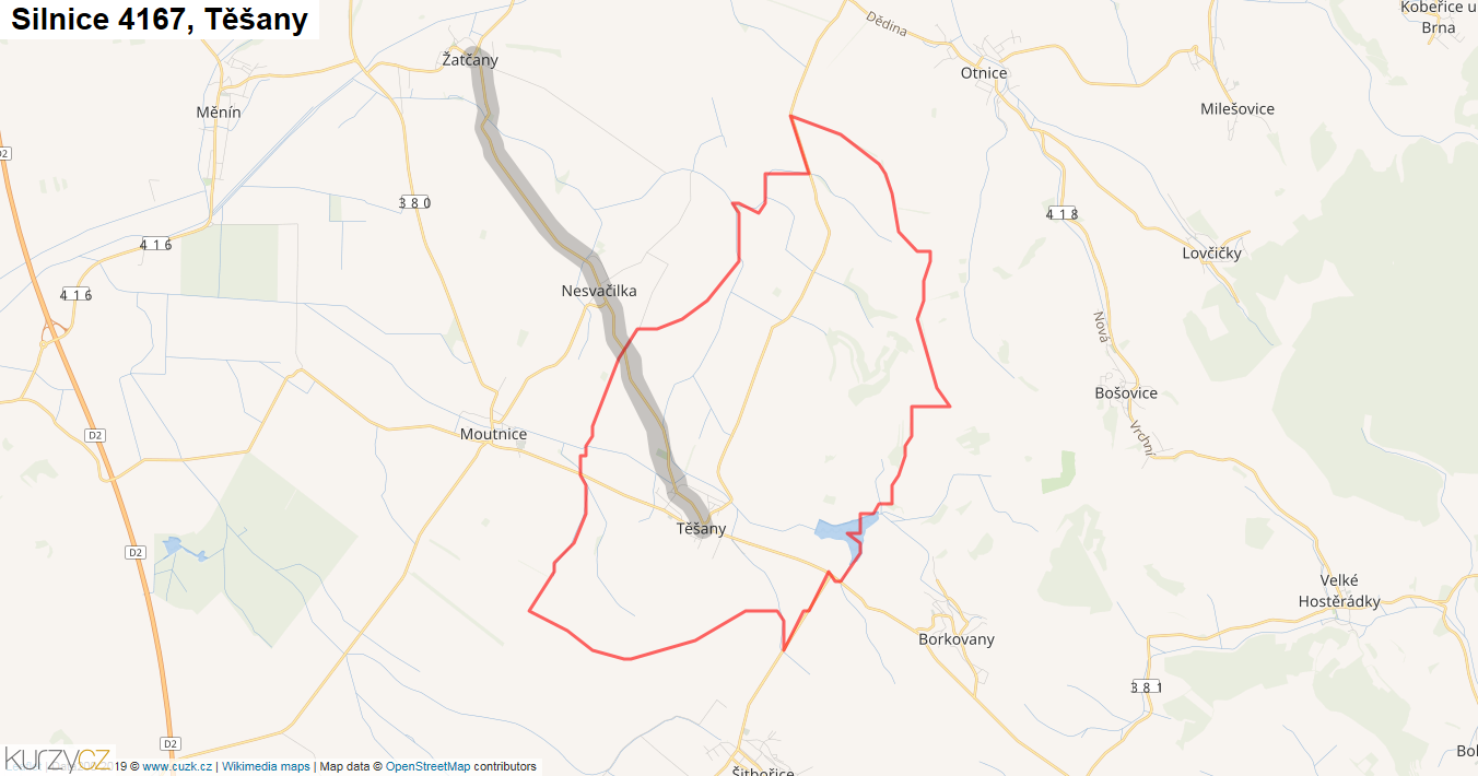 Těšany, Silnice 4167 - Mapa