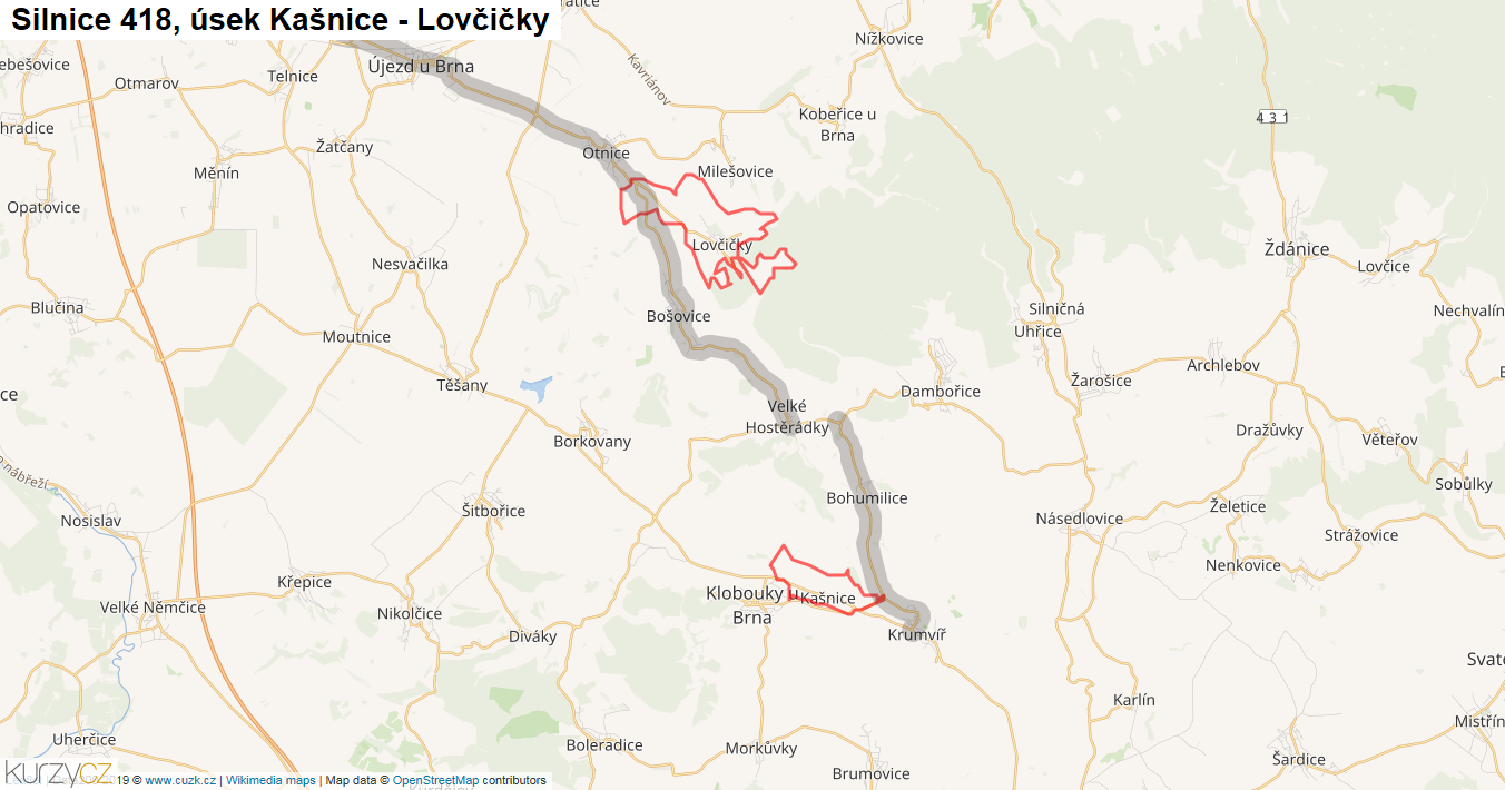 Úsek Kašnice - Lovčičky, Silnice 418 - Mapa