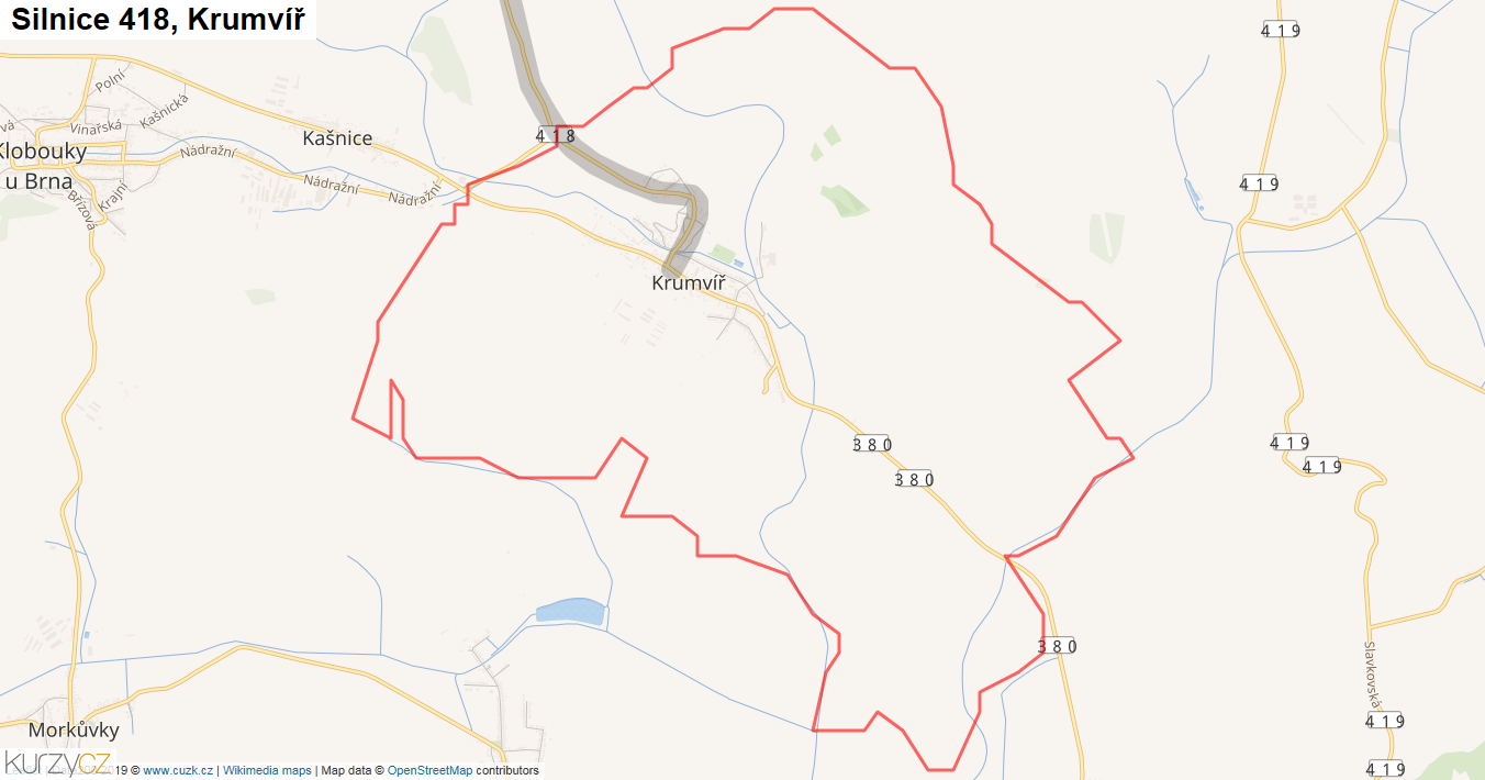 Krumvíř, Silnice 418 - Mapa