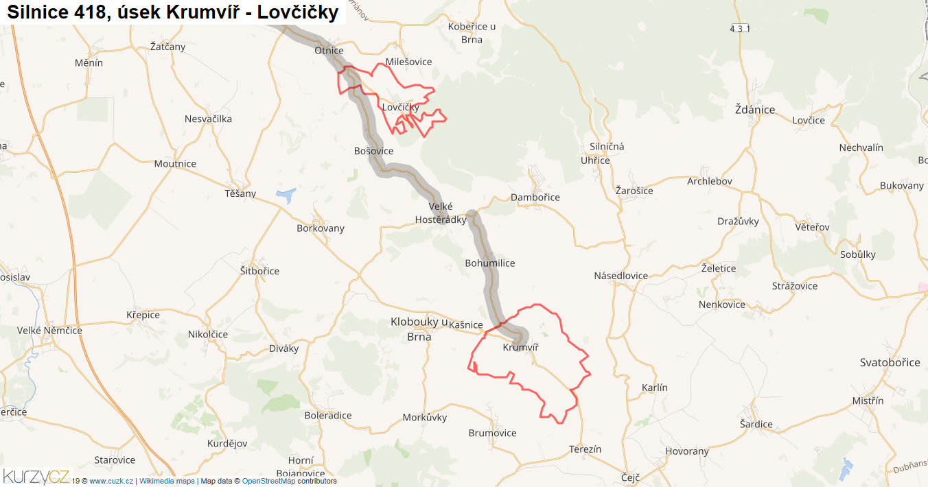 Úsek Krumvíř - Lovčičky, Silnice 418 - Mapa