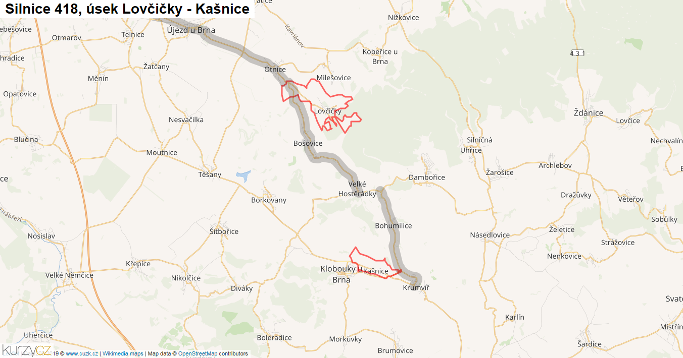 Úsek Lovčičky - Kašnice, Silnice 418 - Mapa