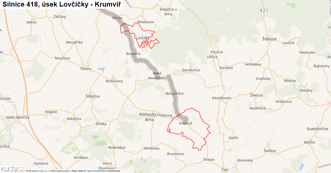 Úsek Lovčičky - Krumvíř, Silnice 418 - Mapa
