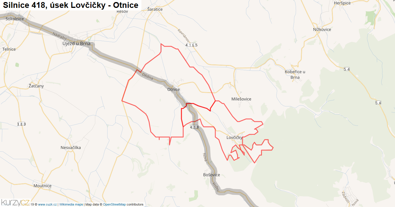 Úsek Lovčičky - Otnice, Silnice 418 - Mapa