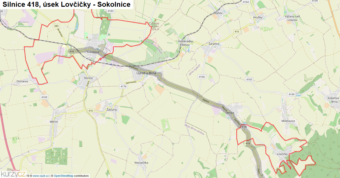 Úsek Lovčičky - Sokolnice, Silnice 418 - Mapa
