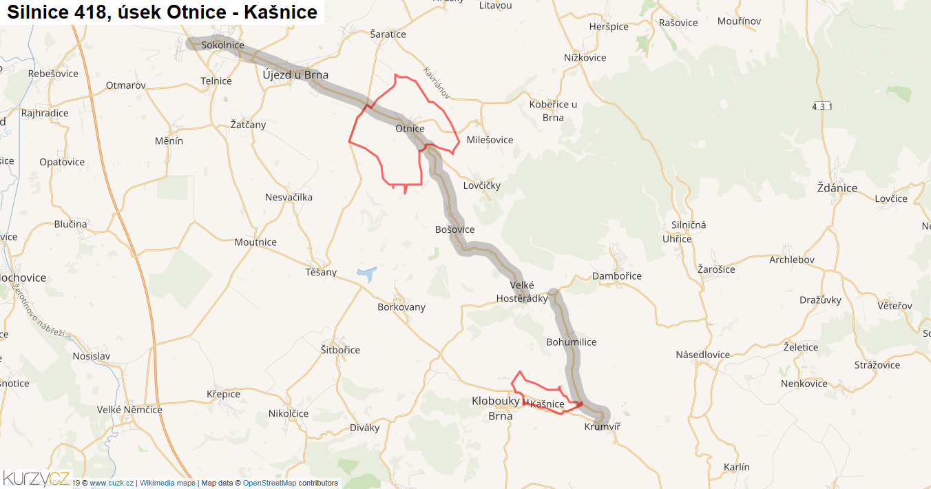 Úsek Otnice - Kašnice, Silnice 418 - Mapa