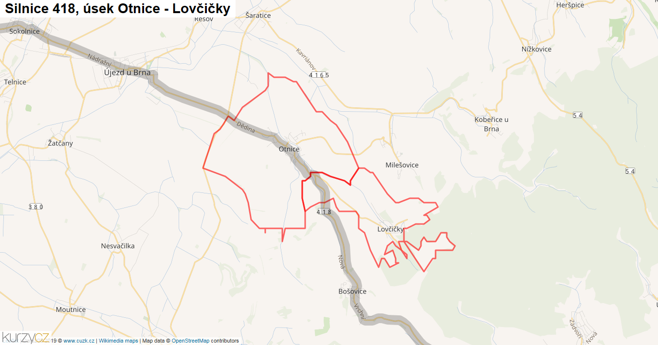 Úsek Otnice - Lovčičky, Silnice 418 - Mapa