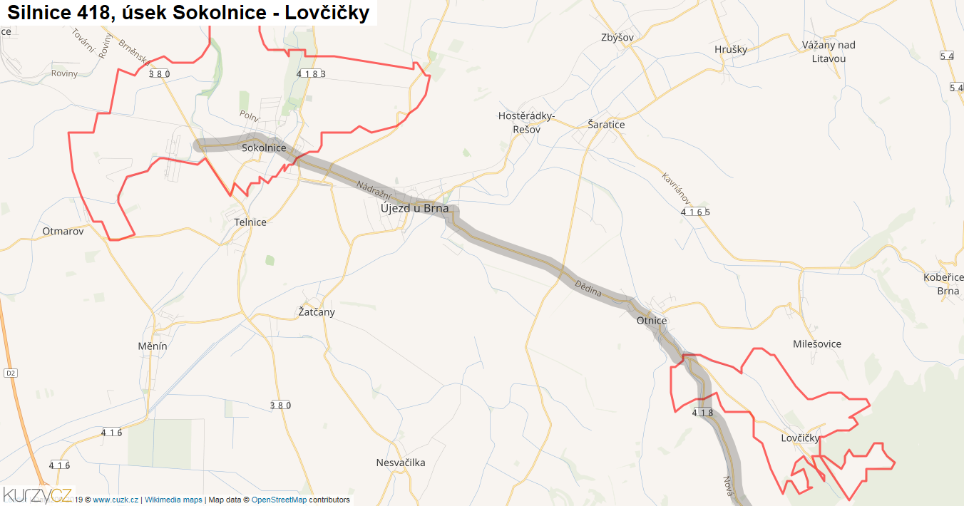 Úsek Sokolnice - Lovčičky, Silnice 418 - Mapa