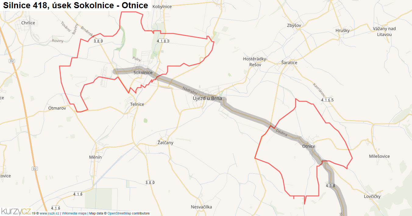 Úsek Sokolnice - Otnice, Silnice 418 - Mapa