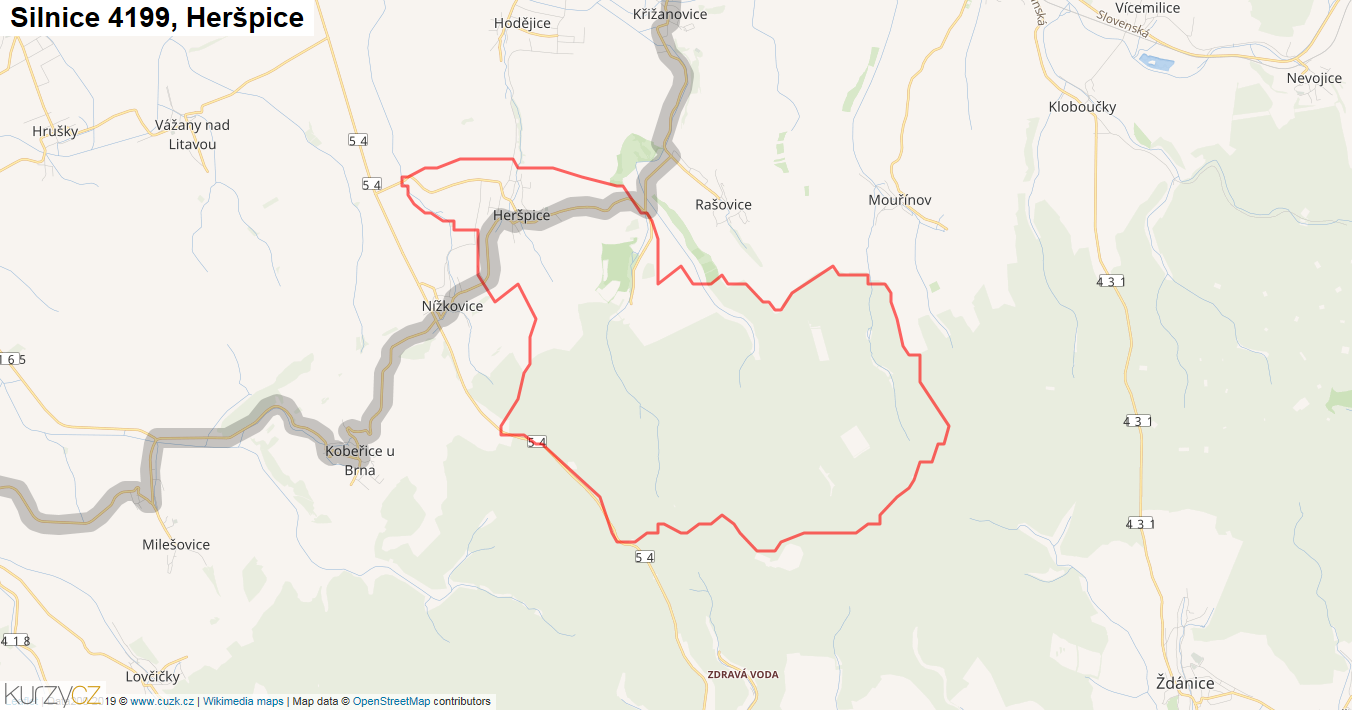 Heršpice, Silnice 4199 - Mapa