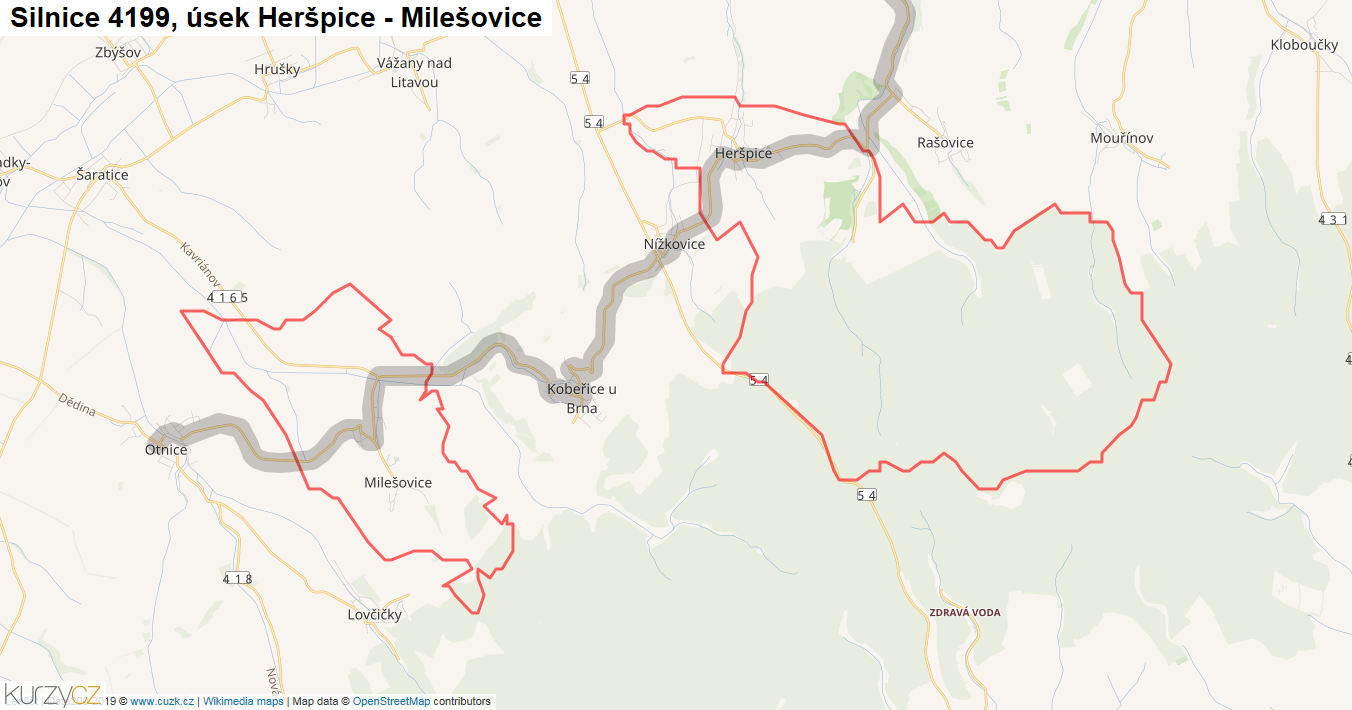 Úsek Heršpice - Milešovice, Silnice 4199 - Mapa