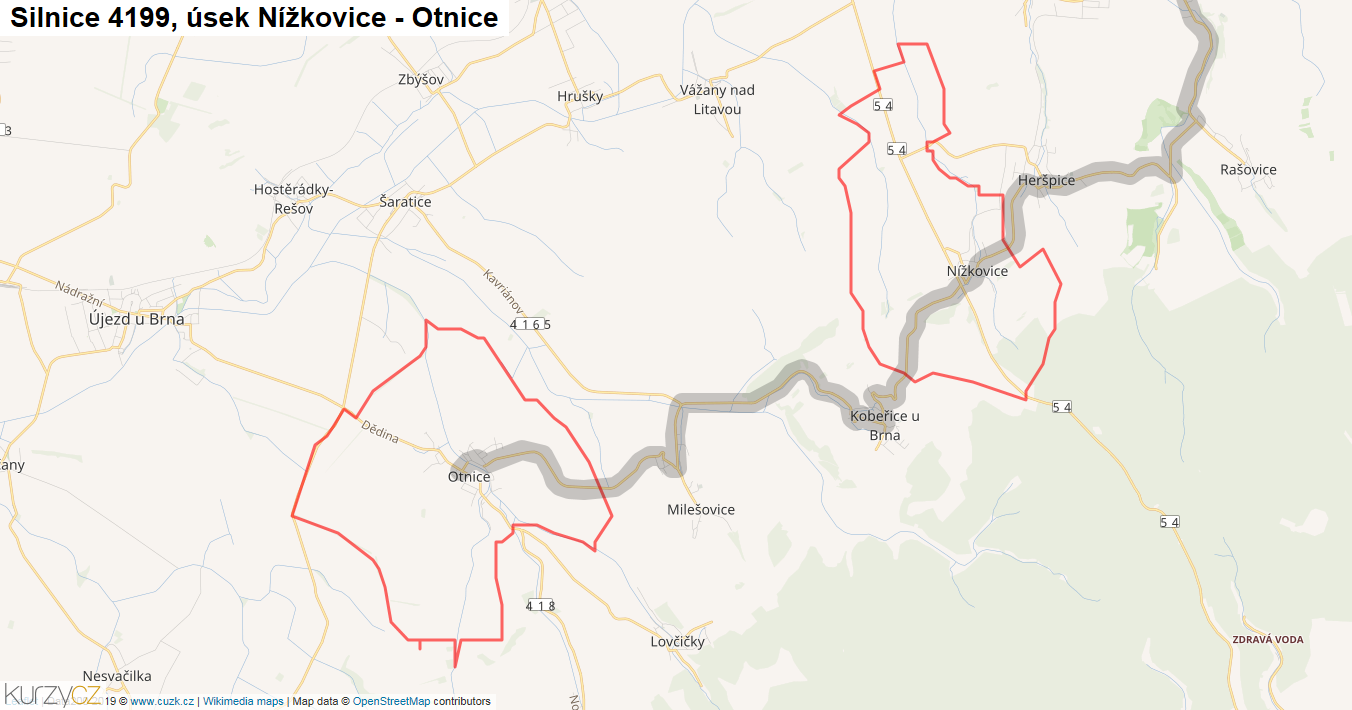 Úsek Nížkovice - Otnice, Silnice 4199 - Mapa