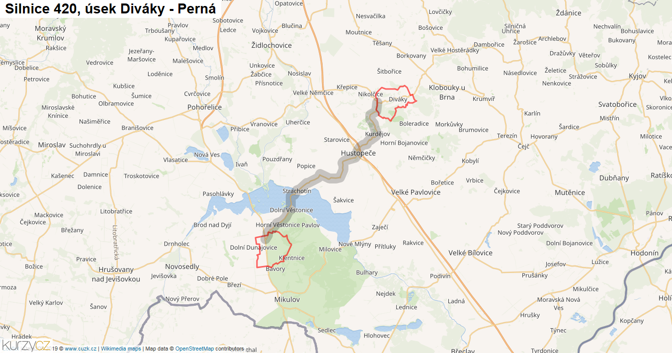 Úsek Diváky - Perná, Silnice 420 - Mapa