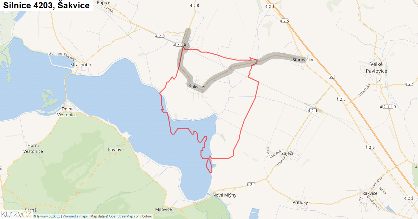 Šakvice, Silnice 4203 - Mapa