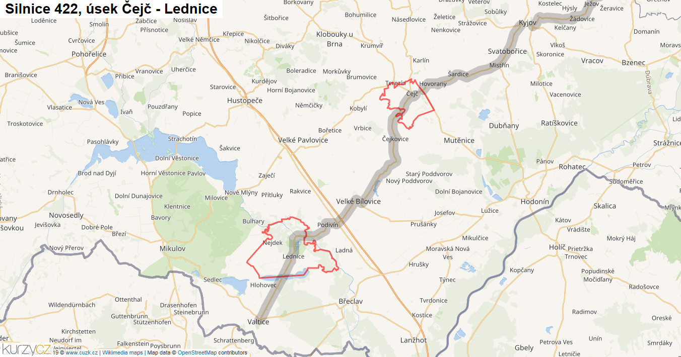 Úsek Čejč - Lednice, Silnice 422 - Mapa