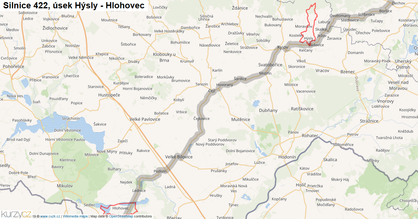 Úsek Hýsly - Hlohovec, Silnice 422 - Mapa
