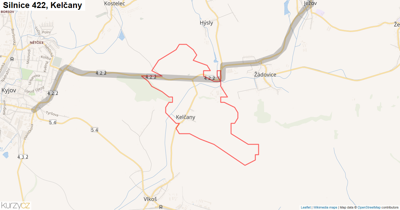Kelčany, Silnice 422 - Mapa