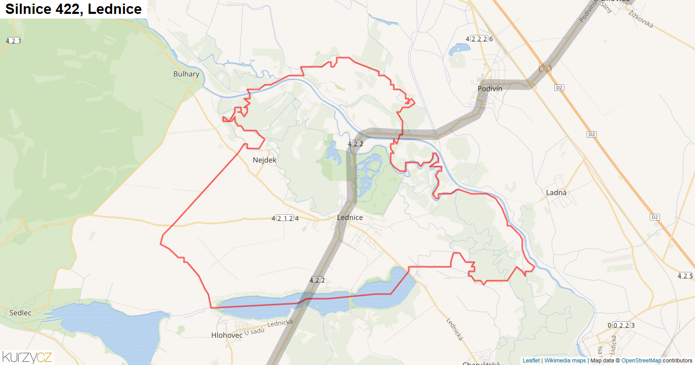Lednice, Silnice 422 - Mapa