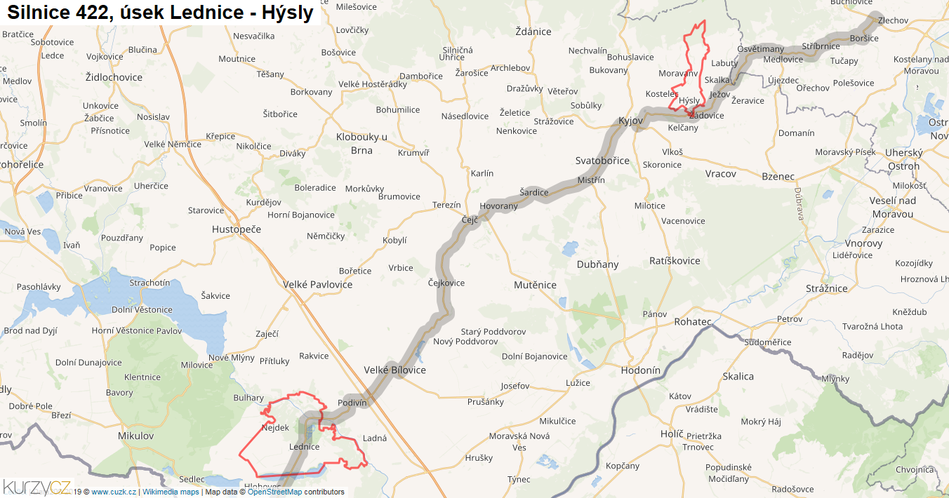 Úsek Lednice - Hýsly, Silnice 422 - Mapa