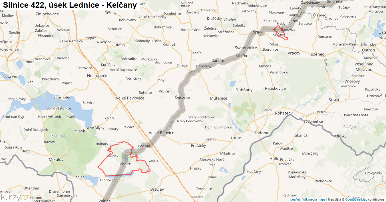 Úsek Lednice - Kelčany, Silnice 422 - Mapa