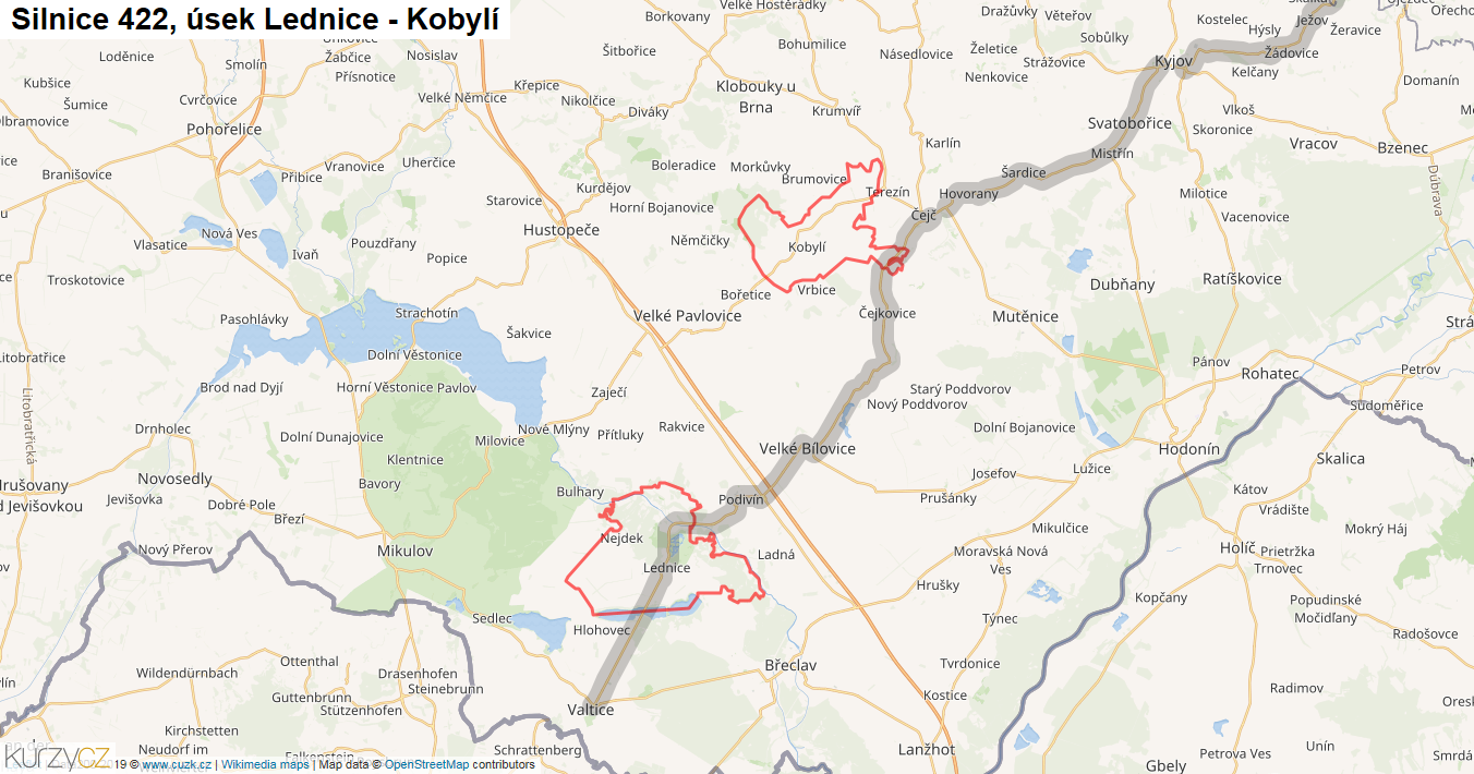 Úsek Lednice - Kobylí, Silnice 422 - Mapa