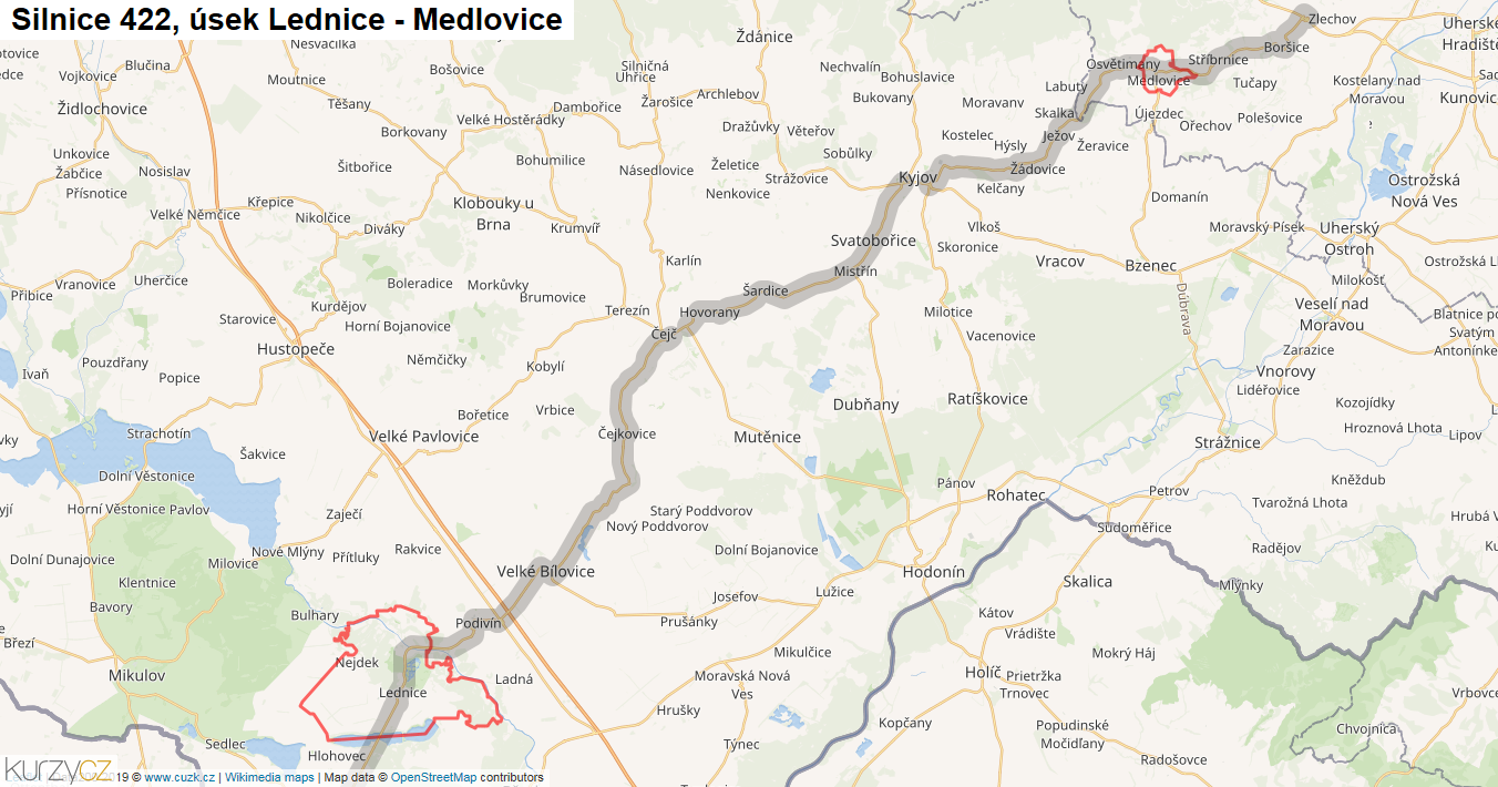 Úsek Lednice - Medlovice, Silnice 422 - Mapa