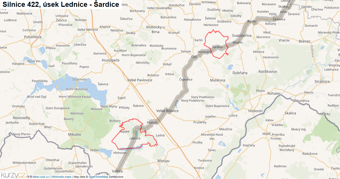 Úsek Lednice - Šardice, Silnice 422 - Mapa