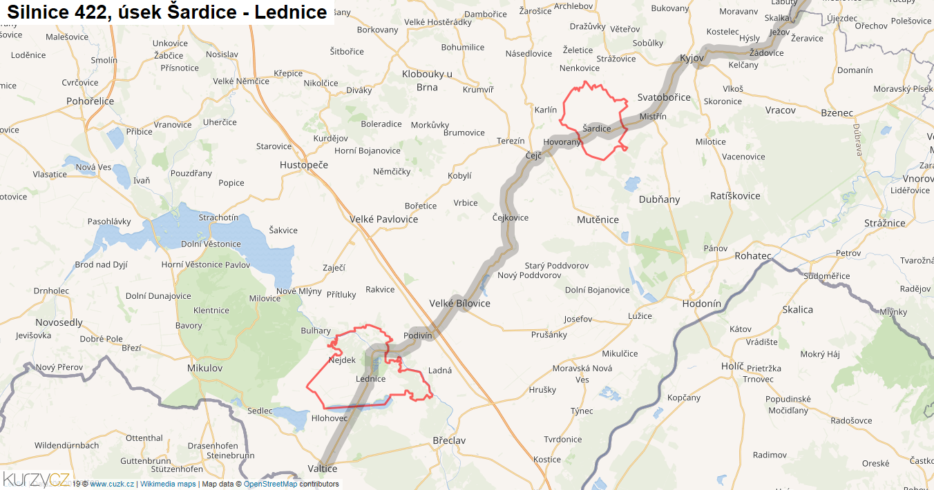 Úsek Šardice - Lednice, Silnice 422 - Mapa