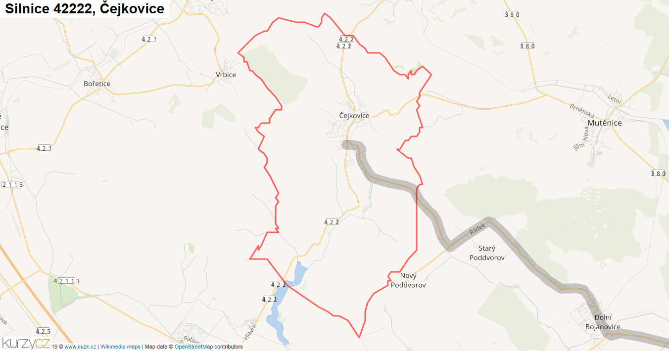Čejkovice, Silnice 42222 - Mapa