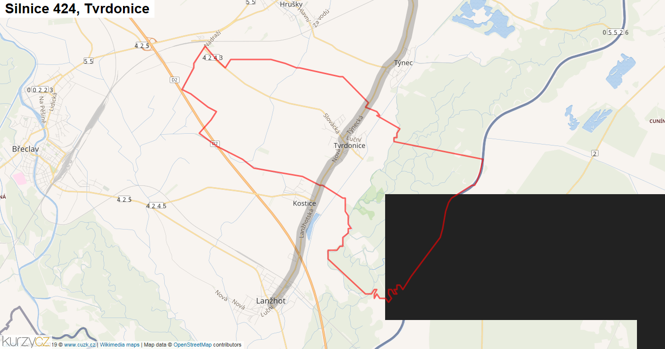 Tvrdonice, Silnice 424 - Mapa