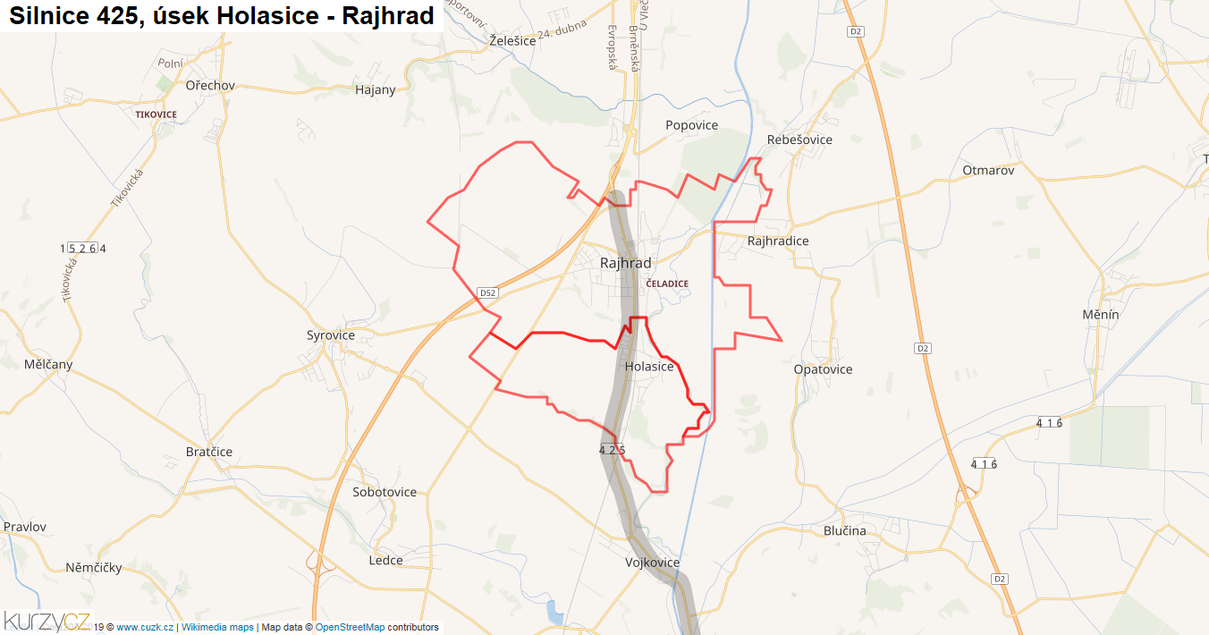 Úsek Holasice - Rajhrad, Silnice 425 - Mapa