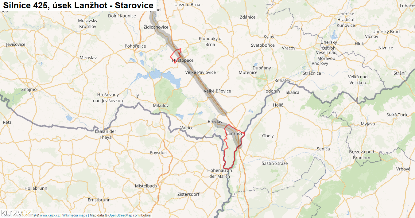 Úsek Lanžhot - Starovice, Silnice 425 - Mapa