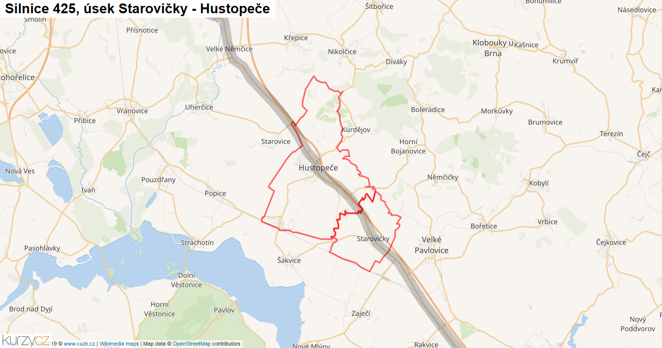 Úsek Starovičky - Hustopeče, Silnice 425 - Mapa