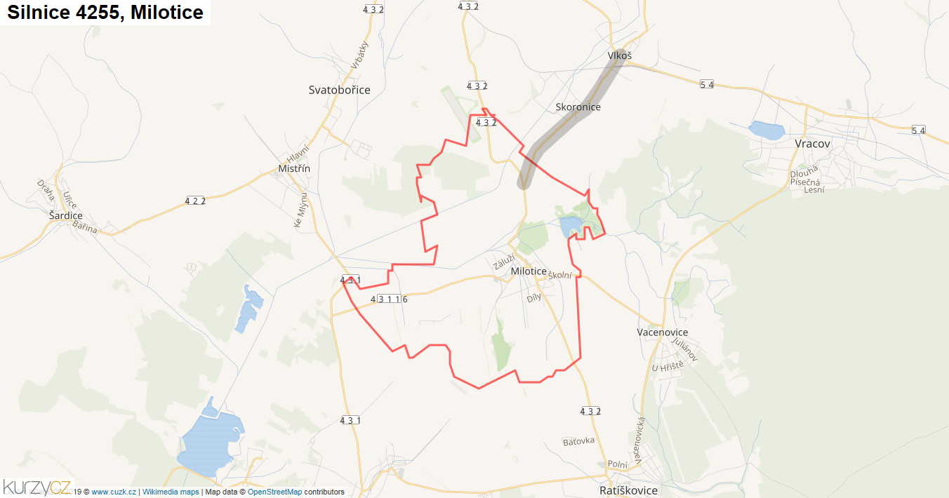 Milotice, Silnice 4255 - Mapa