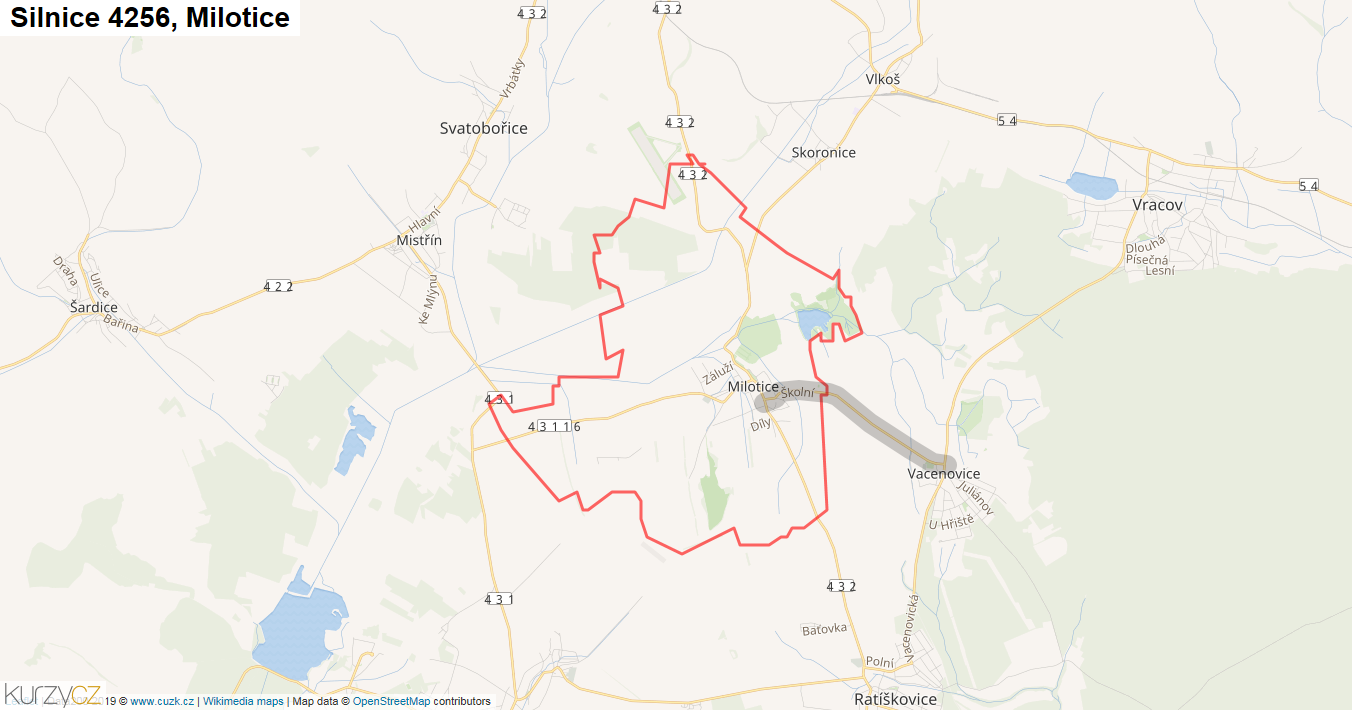Milotice, Silnice 4256 - Mapa