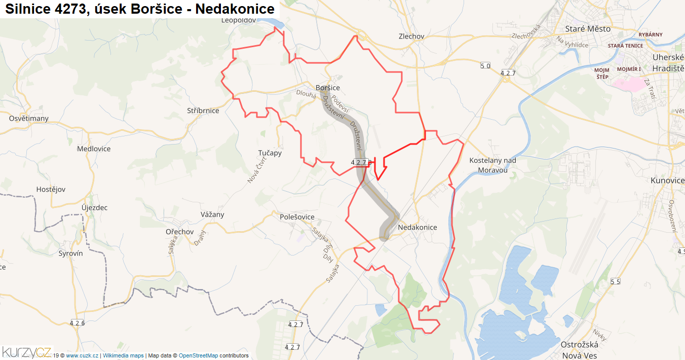 Úsek Boršice - Nedakonice, Silnice 4273 - Mapa