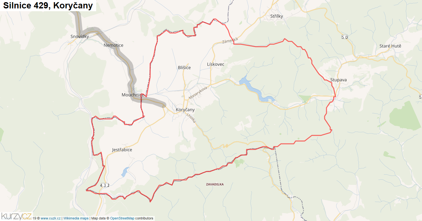 Koryčany, Silnice 429 - Mapa