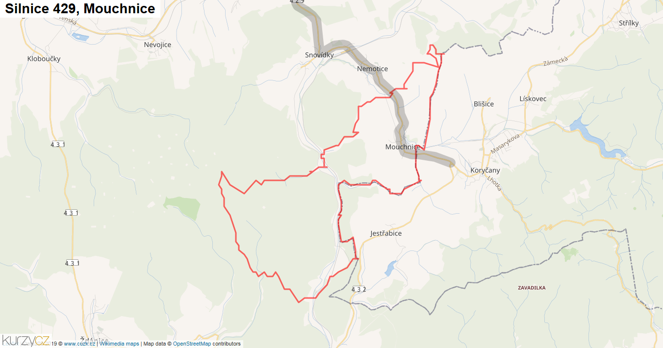 Mouchnice, Silnice 429 - Mapa
