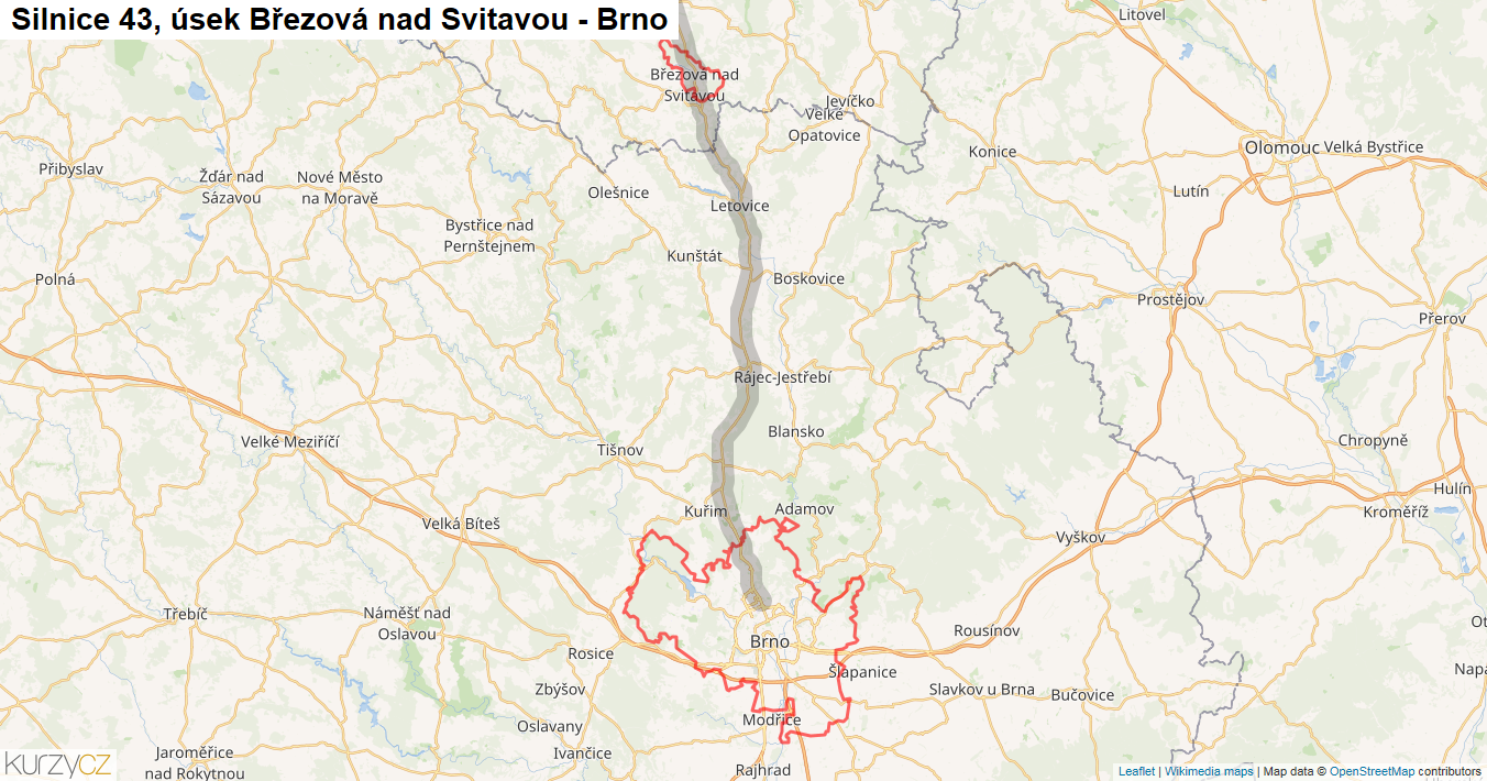 Úsek Březová nad Svitavou - Brno, Silnice 43 - Mapa