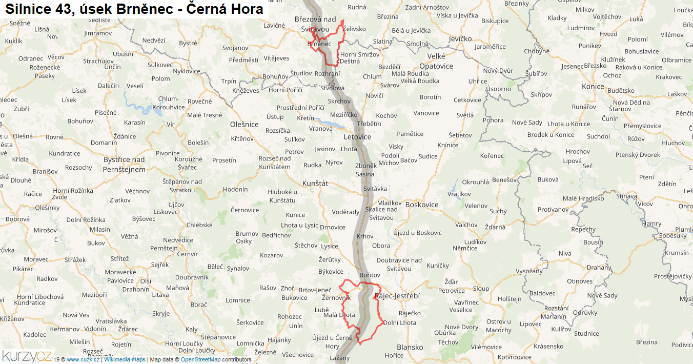 Úsek Brněnec - Černá Hora, Silnice 43 - Mapa