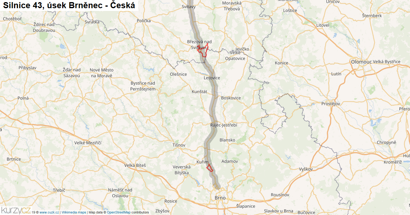 Úsek Brněnec - Česká, Silnice 43 - Mapa