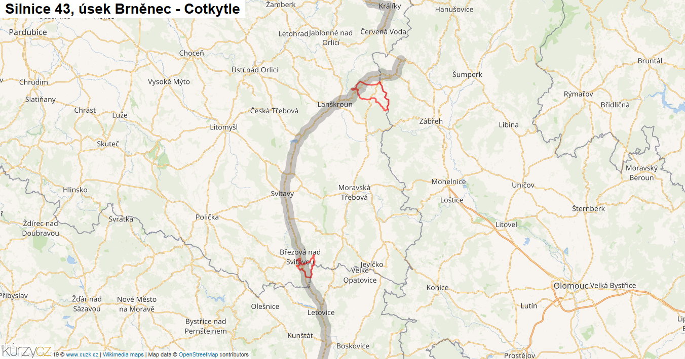 Úsek Brněnec - Cotkytle, Silnice 43 - Mapa