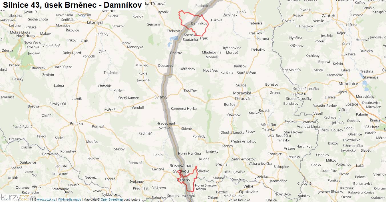 Úsek Brněnec - Damníkov, Silnice 43 - Mapa