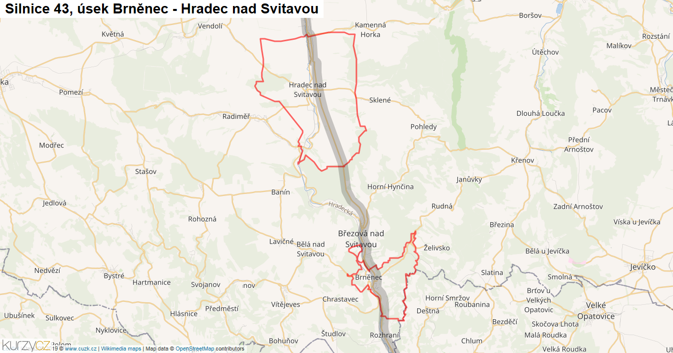 Úsek Brněnec - Hradec nad Svitavou, Silnice 43 - Mapa