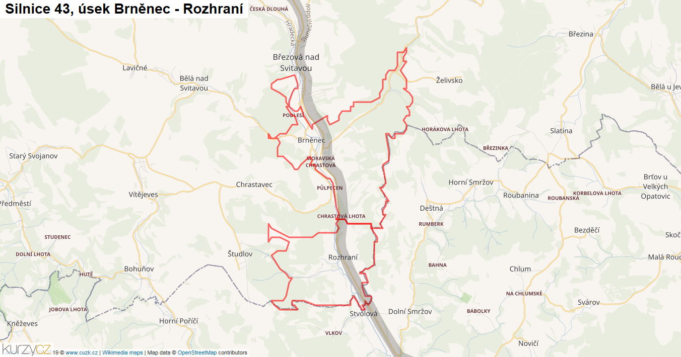Úsek Brněnec - Rozhraní, Silnice 43 - Mapa