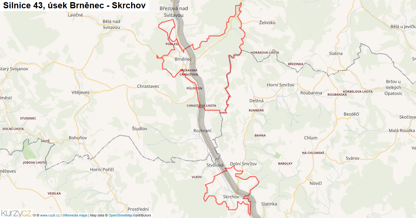 Úsek Brněnec - Skrchov, Silnice 43 - Mapa